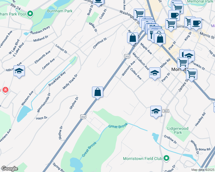 map of restaurants, bars, coffee shops, grocery stores, and more near 68 Mount Kemble Avenue in Morristown