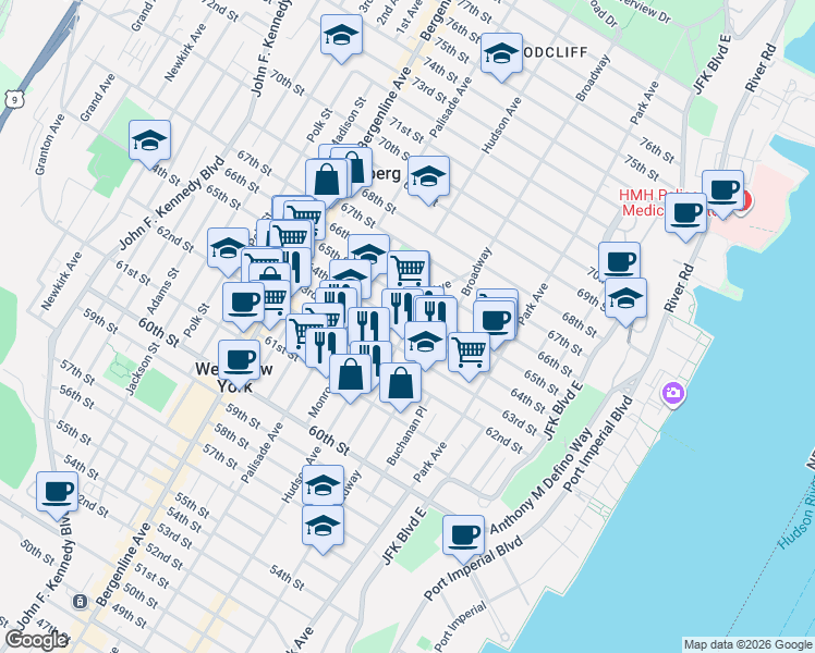 map of restaurants, bars, coffee shops, grocery stores, and more near 64th Street & Dewey Avenue in West New York