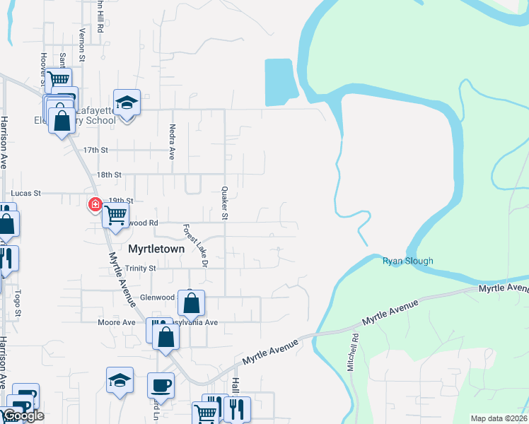 map of restaurants, bars, coffee shops, grocery stores, and more near 1906 Highland Circle in Eureka
