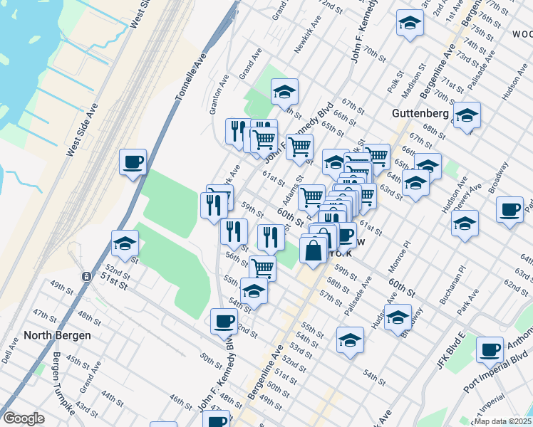 map of restaurants, bars, coffee shops, grocery stores, and more near 5902 Jefferson Street in West New York