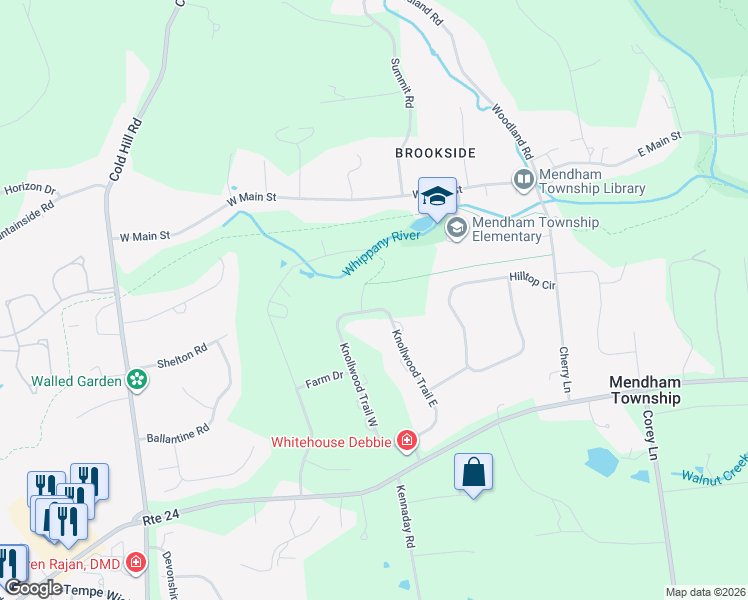 map of restaurants, bars, coffee shops, grocery stores, and more near 17 Knollwood Trail East in Mendham Township