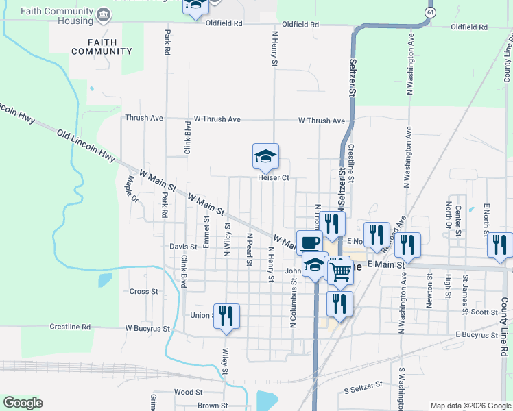 map of restaurants, bars, coffee shops, grocery stores, and more near 511 North Pearl Street in Crestline