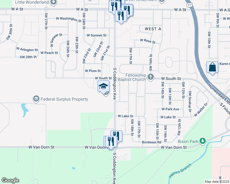 map of restaurants, bars, coffee shops, grocery stores, and more near 2153 South Coddington Avenue in Lincoln