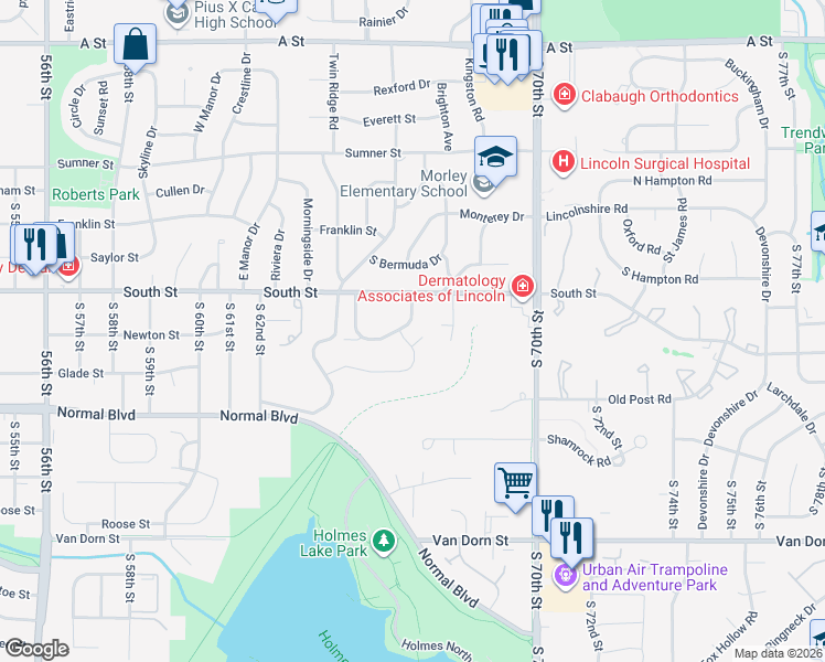 map of restaurants, bars, coffee shops, grocery stores, and more near 6710 Flint Ridge Road in Lincoln