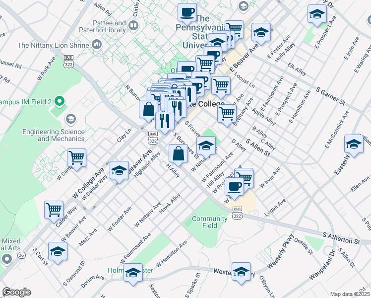 map of restaurants, bars, coffee shops, grocery stores, and more near 254 South Burrowes Street in State College