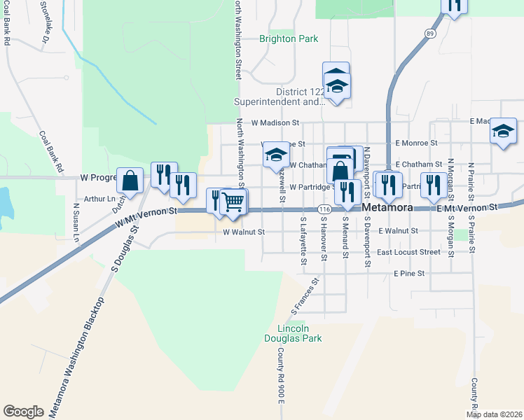 map of restaurants, bars, coffee shops, grocery stores, and more near 101 North Hancock Street in Metamora
