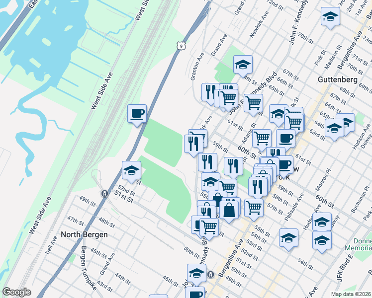 map of restaurants, bars, coffee shops, grocery stores, and more near 5801 Meadowview Avenue in North Bergen