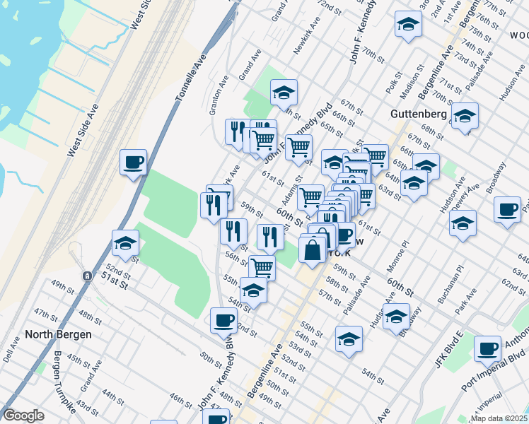 map of restaurants, bars, coffee shops, grocery stores, and more near 5902 Jefferson Street in West New York
