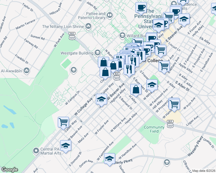 map of restaurants, bars, coffee shops, grocery stores, and more near 441 West College Avenue in State College