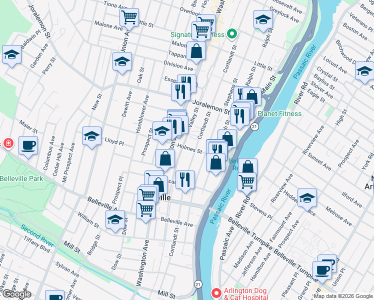 map of restaurants, bars, coffee shops, grocery stores, and more near 295 Cortlandt Street in Belleville