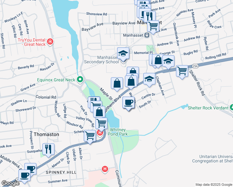 map of restaurants, bars, coffee shops, grocery stores, and more near 1129 Northern Boulevard in Manhasset