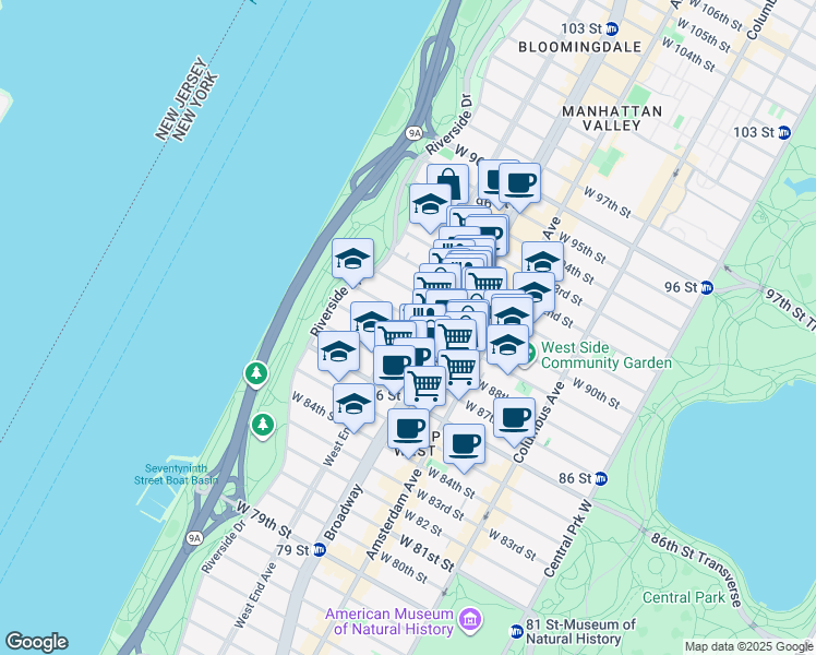 map of restaurants, bars, coffee shops, grocery stores, and more near 304 West 89th Street in New York