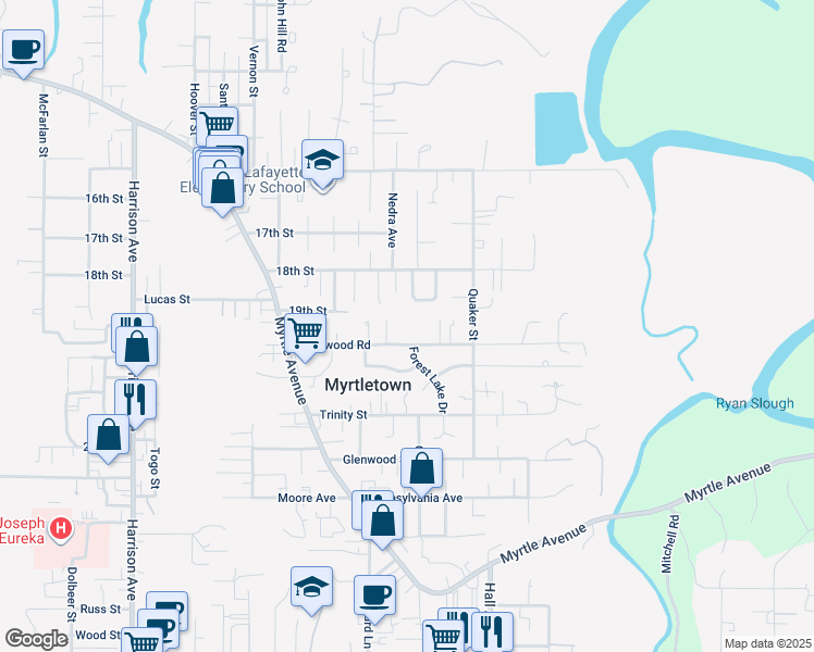 map of restaurants, bars, coffee shops, grocery stores, and more near 1849 Montecito Way in Eureka