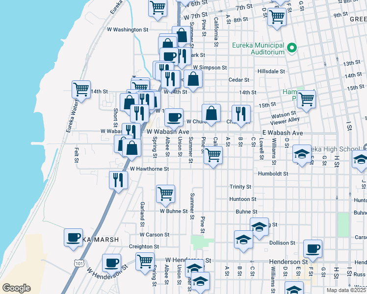 map of restaurants, bars, coffee shops, grocery stores, and more near 316 West Del Norte Street in Eureka