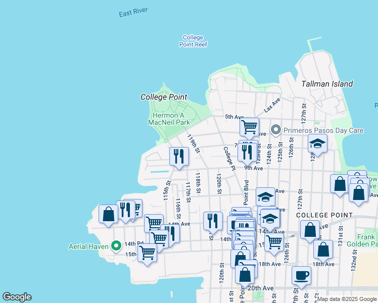 map of restaurants, bars, coffee shops, grocery stores, and more near 5-21 117th Street in Queens