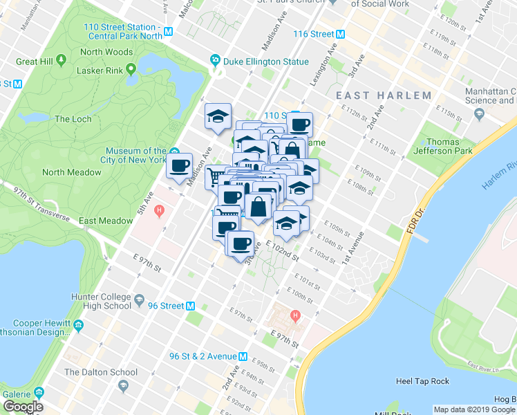 map of restaurants, bars, coffee shops, grocery stores, and more near in New York