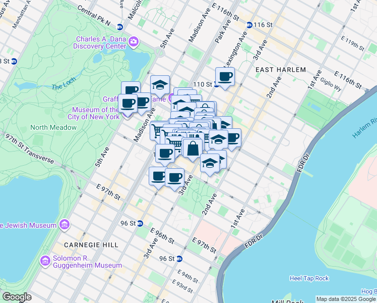 map of restaurants, bars, coffee shops, grocery stores, and more near in New York