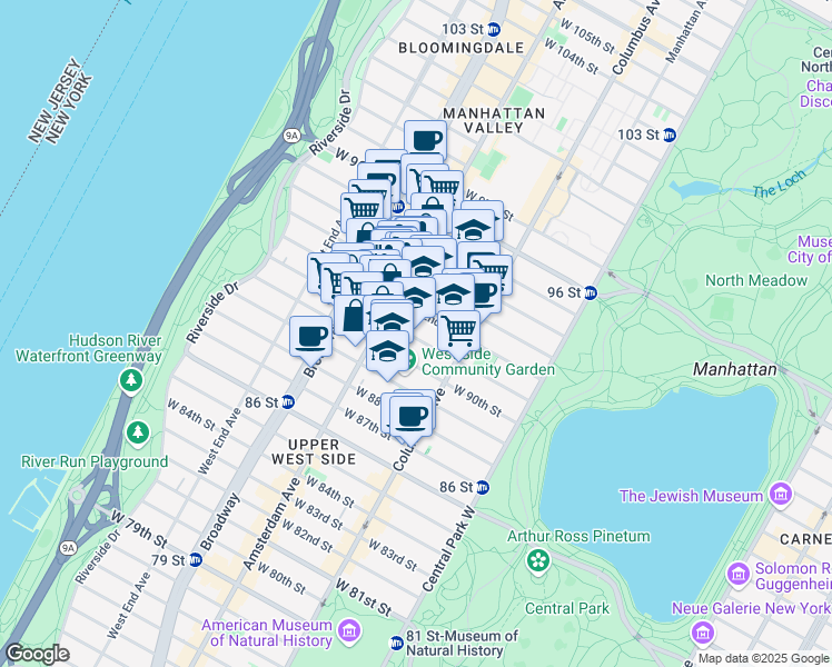 map of restaurants, bars, coffee shops, grocery stores, and more near 140 West 92nd Street in New York