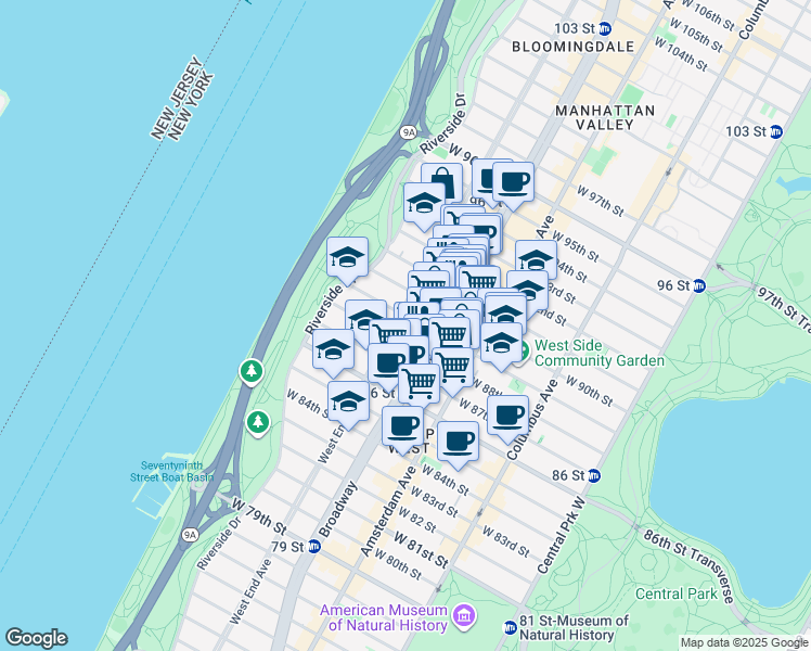 map of restaurants, bars, coffee shops, grocery stores, and more near 304 West 89th Street in New York