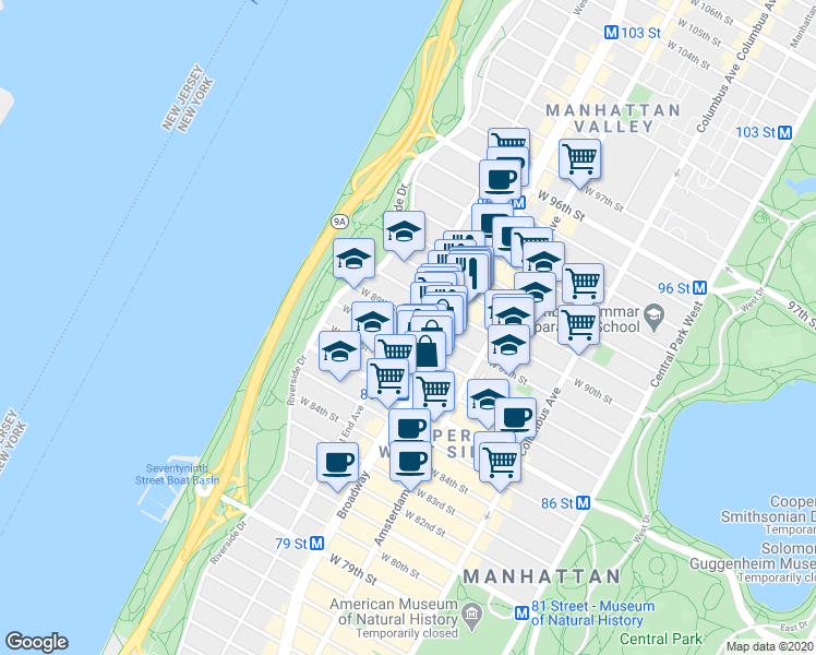 map of restaurants, bars, coffee shops, grocery stores, and more near 304 West 89th Street in New York