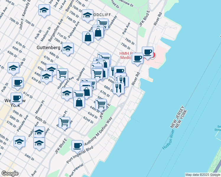 map of restaurants, bars, coffee shops, grocery stores, and more near 6811 Bellevue Avenue in Guttenberg