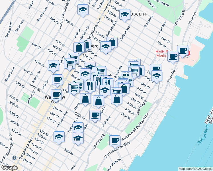 map of restaurants, bars, coffee shops, grocery stores, and more near 6500 Dewey Avenue in West New York
