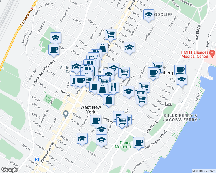 map of restaurants, bars, coffee shops, grocery stores, and more near 6310 Palisade Avenue in West New York