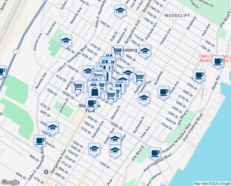 map of restaurants, bars, coffee shops, grocery stores, and more near 430 62nd Street in West New York