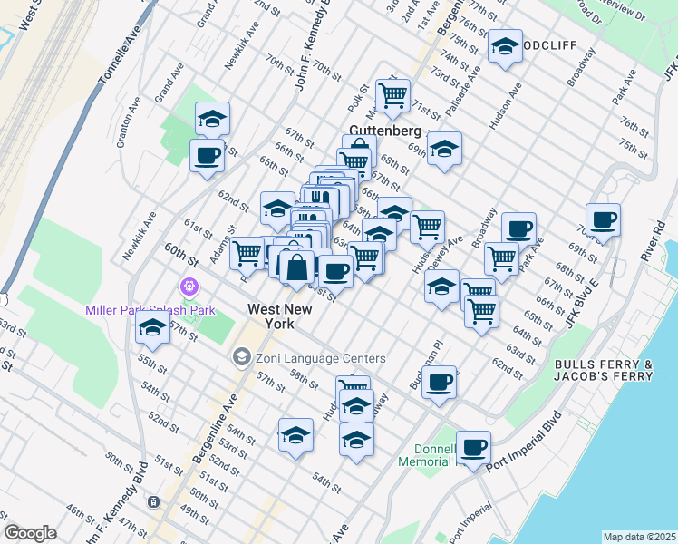 map of restaurants, bars, coffee shops, grocery stores, and more near 430 62nd Street in West New York