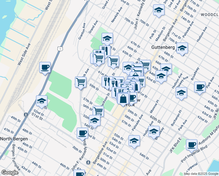 map of restaurants, bars, coffee shops, grocery stores, and more near 6016 Adams Street in West New York