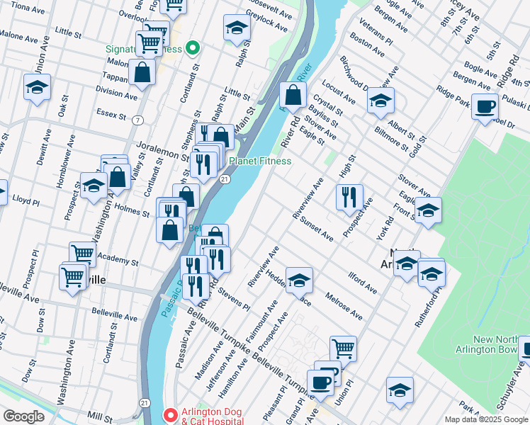 map of restaurants, bars, coffee shops, grocery stores, and more near 170 River Road in North Arlington
