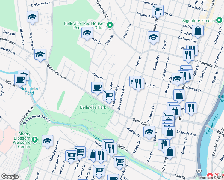 map of restaurants, bars, coffee shops, grocery stores, and more near 66 Columbus Avenue in Belleville