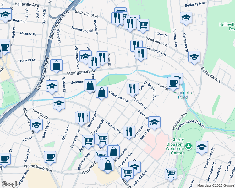 map of restaurants, bars, coffee shops, grocery stores, and more near 12 Wright Court in Bloomfield