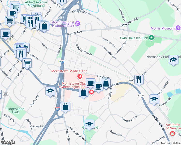 map of restaurants, bars, coffee shops, grocery stores, and more near 17 Dekalb Place in Morristown