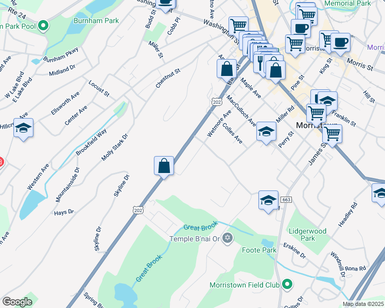 map of restaurants, bars, coffee shops, grocery stores, and more near 68 Mount Kemble Avenue in Morristown