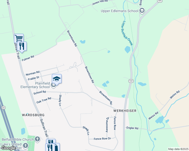 map of restaurants, bars, coffee shops, grocery stores, and more near 922 Browntown Road in Nazareth