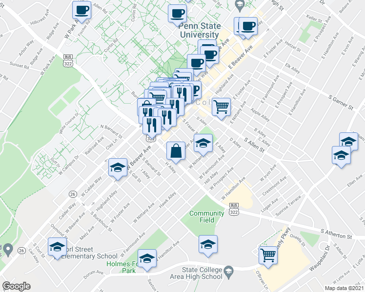 map of restaurants, bars, coffee shops, grocery stores, and more near 224 South Burrowes Street in State College