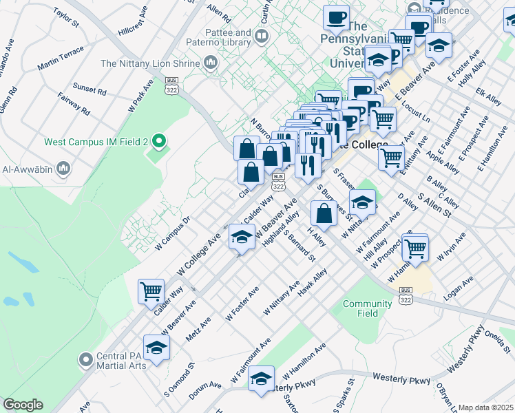 map of restaurants, bars, coffee shops, grocery stores, and more near 441 West College Avenue in State College