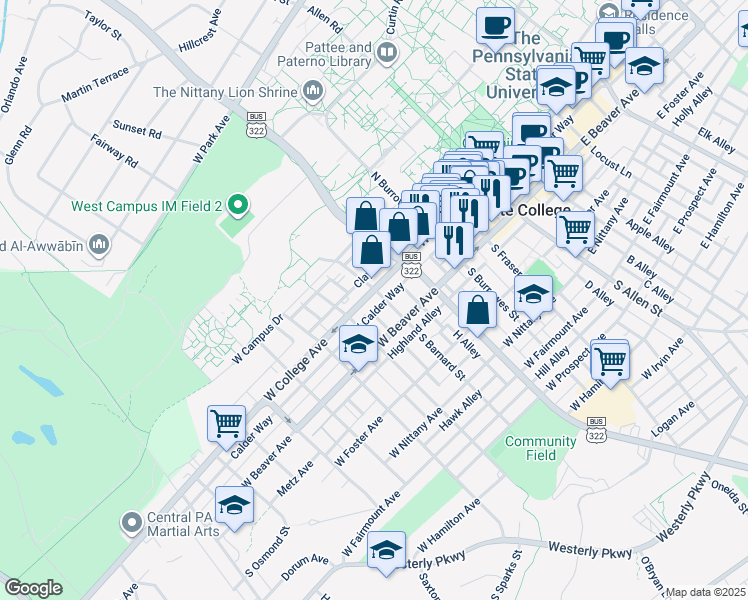 map of restaurants, bars, coffee shops, grocery stores, and more near 441 West College Avenue in State College