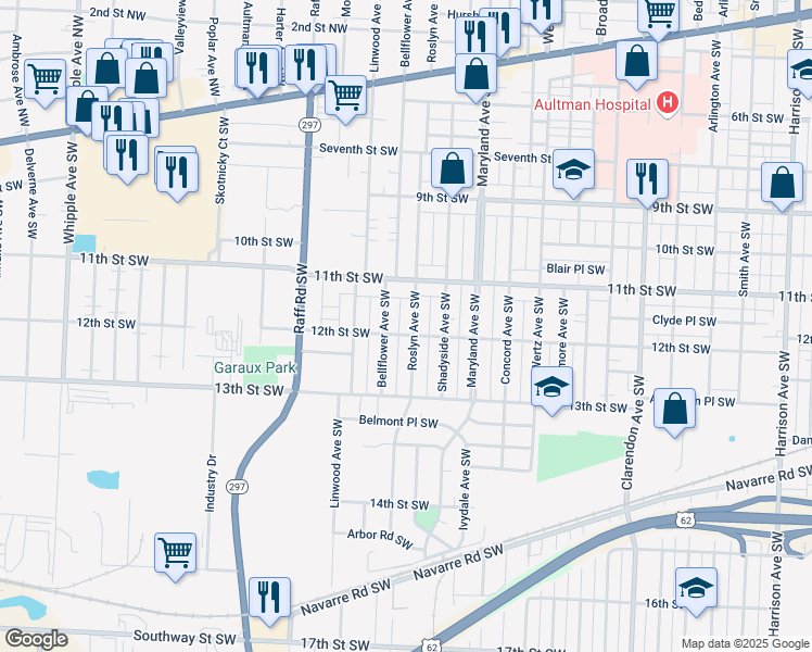 map of restaurants, bars, coffee shops, grocery stores, and more near 1126 Roslyn Avenue Southwest in Canton