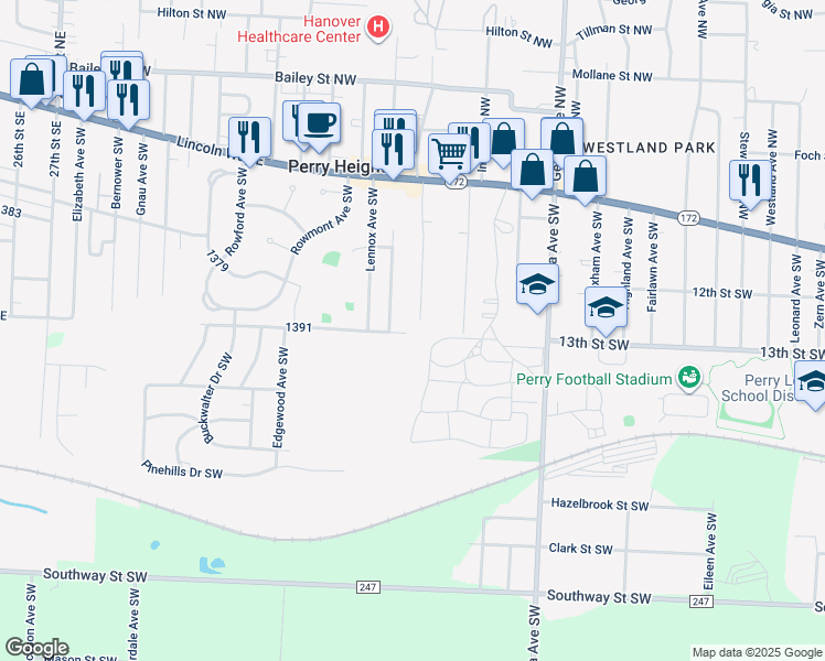 map of restaurants, bars, coffee shops, grocery stores, and more near 517 Hinderer Avenue Southwest in Massillon