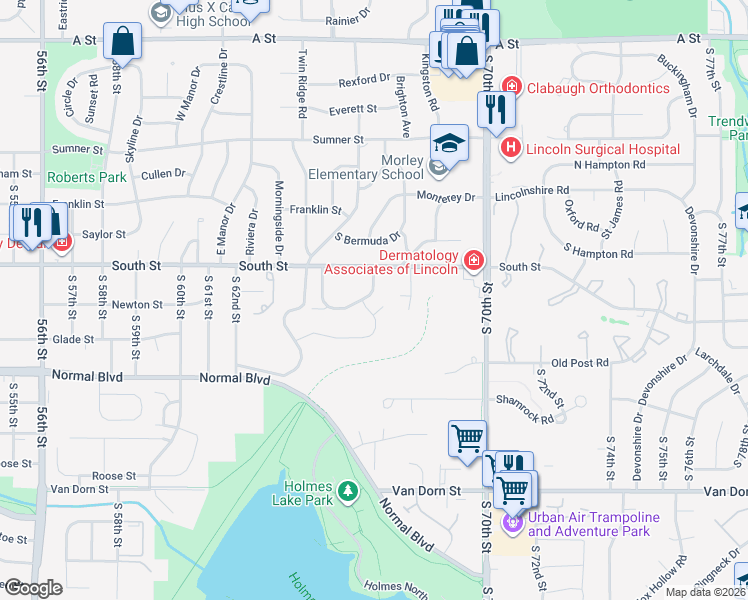 map of restaurants, bars, coffee shops, grocery stores, and more near 6710 Flint Ridge Road in Lincoln