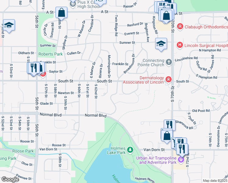 map of restaurants, bars, coffee shops, grocery stores, and more near 2123 Winding Way in Lincoln