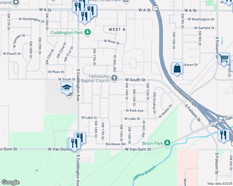 map of restaurants, bars, coffee shops, grocery stores, and more near 1515 West South Street in Lincoln