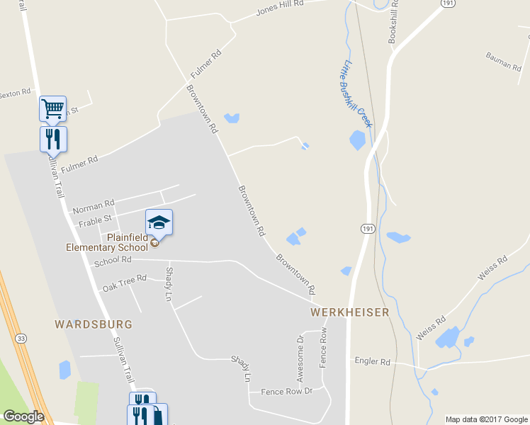 map of restaurants, bars, coffee shops, grocery stores, and more near 922 Browntown Road in Nazareth