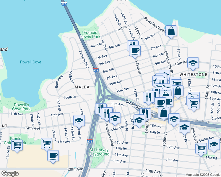 map of restaurants, bars, coffee shops, grocery stores, and more near 145-72 10th Avenue in Queens