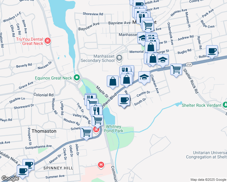 map of restaurants, bars, coffee shops, grocery stores, and more near 1129 Northern Boulevard in Manhasset