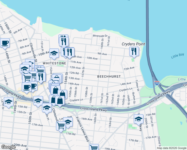 map of restaurants, bars, coffee shops, grocery stores, and more near 157-40 12th Avenue in Queens