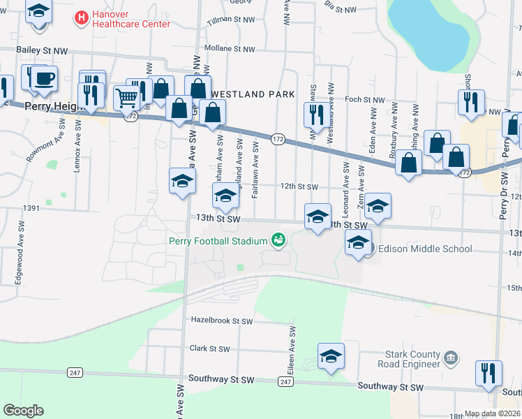map of restaurants, bars, coffee shops, grocery stores, and more near 508 Fairlawn Avenue Southwest in Massillon