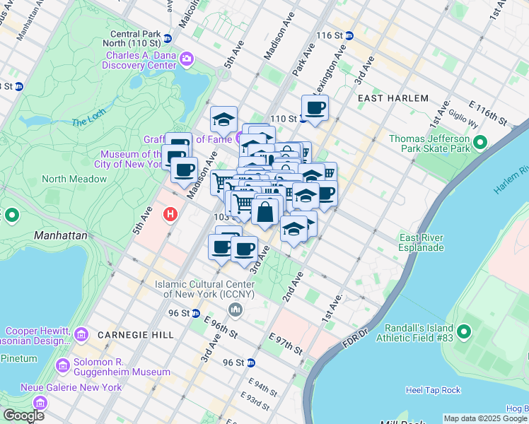 map of restaurants, bars, coffee shops, grocery stores, and more near 168 East 104th Street in New York